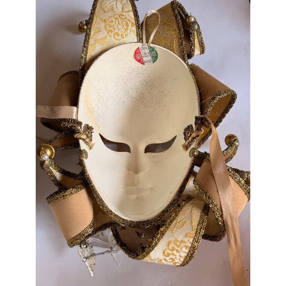 Handcrafted Venetian Jester Masquerade Mask With Gold Glitter Detailing & Ribbon - Picture 9 of 12